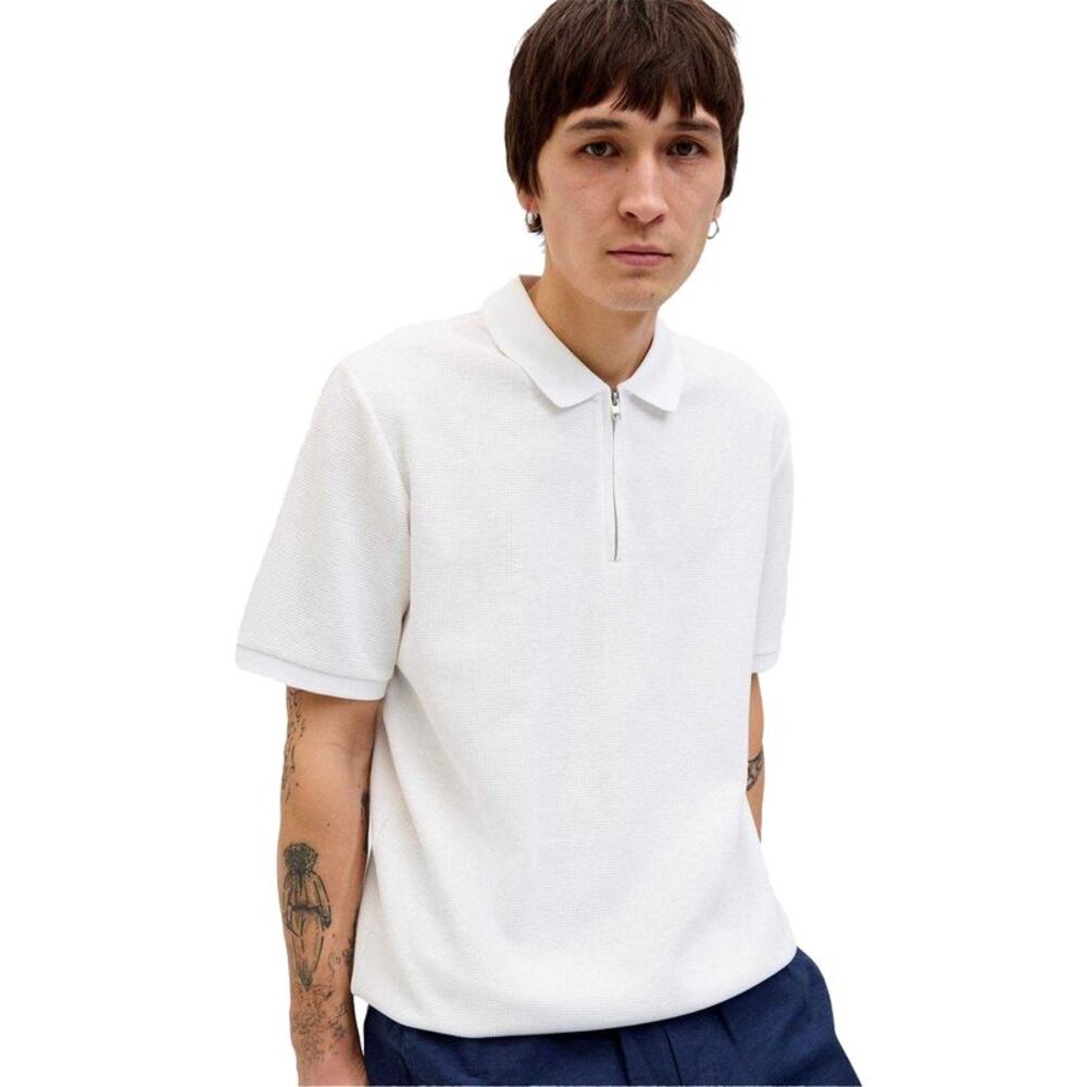 Jack And Jones Mens Textured Zip Neck Short-Sleeved Polo Shirt / White